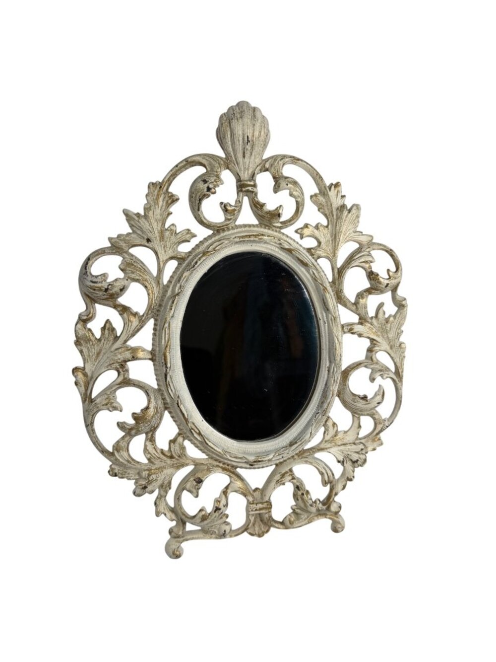Antique Ornate Rococo Oval Metal Mirror Tabletop Frame Distressed Gold White